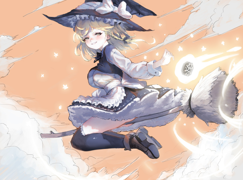 1girl apron black_dress black_hat black_legwear blonde_hair boots braid broom broom_riding clouds cross-laced_footwear dress hat hat_ribbon heoningu highres kirisame_marisa mini-hakkero orange_sky ribbon sky smile star thigh-highs touhou witch witch_hat yellow_eyes