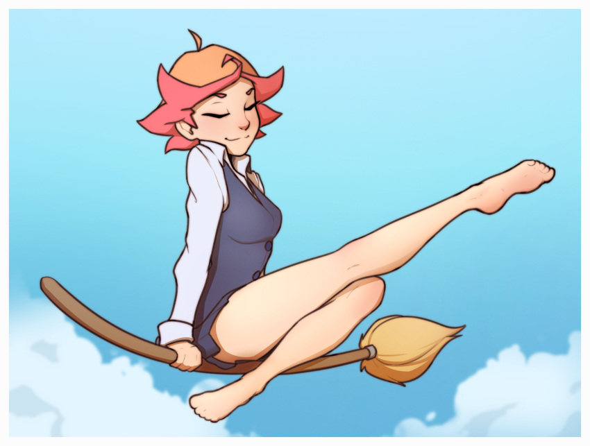 amanda_o'neill blue_skirt blue_sky broom broom_riding closed_eyes clouds highres little_witch_academia outstretched_leg pink_hair pudgeruffian skirt sky thighs toe-point white_border