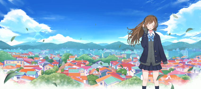 1girl black_legwear black_skirt blush brown_hair closed_eyes clouds day eyebrows_visible_through_hair facing_viewer headphones house kneehighs leaf long_sleeves mountain mountainous_horizon open_mouth original outdoors sakeharasu scenery skirt sky sleeves_past_wrists smile solo tree