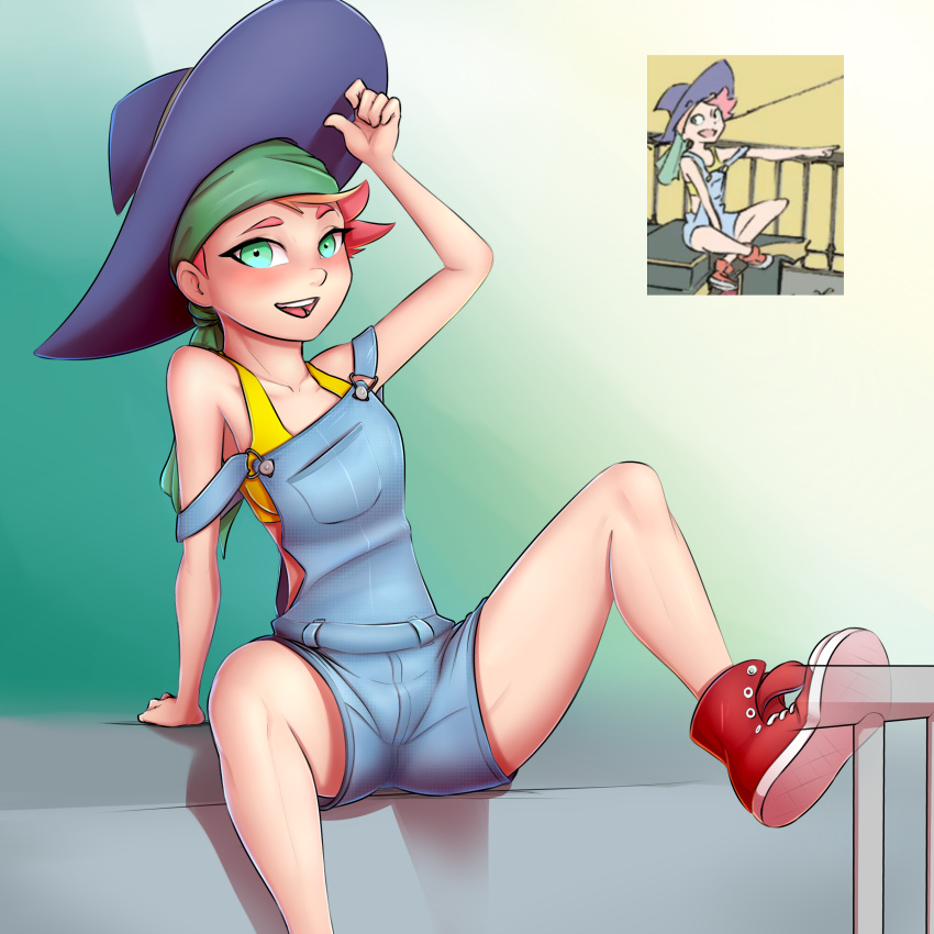 1girl absurdres adjusting_clothes adjusting_hat amanda_o'neill arm_support blush green_eyes groin_tendon hat highres little_witch_academia looking_at_viewer overalls pink_hair pudgeruffian reference_photo_inset shoes smile sneakers solo sports_bra spread_legs strap_slip thighs witch_hat