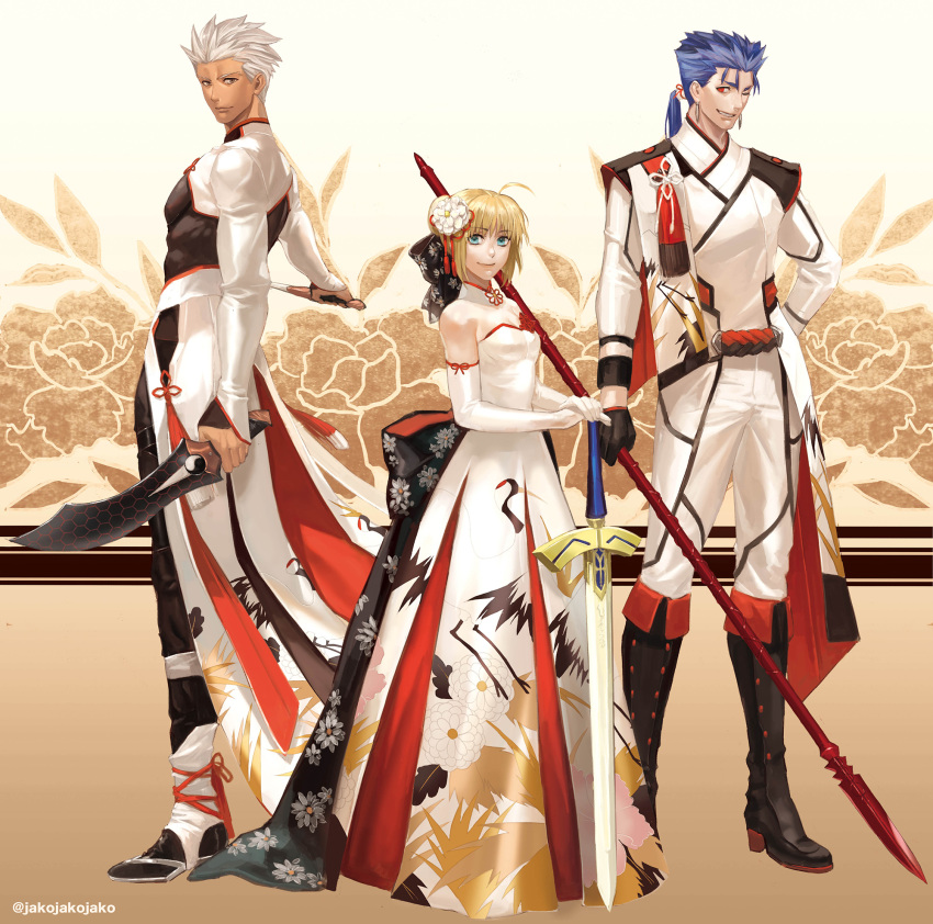 1girl 2boys alternate_costume archer artoria_pendragon_(all) black_bow black_footwear black_gloves black_pants blonde_hair blue_eyes blue_hair boots bow braid closed_mouth coat detached_collar dress dual_wielding earrings elbow_gloves excalibur fate/stay_night fate_(series) floral_background floral_print flower french_braid full_body gae_bolg gloves grey_eyes hair_bow hair_flower hair_ornament hand_on_hip highres holding holding_spear holding_sword holding_weapon huge_bow jakojakojako jewelry kanshou_&amp;_bakuya knee_boots lancer long_hair looking_at_viewer multiple_boys one_eye_closed pants polearm ponytail print_bow print_dress red_eyes saber short_hair smile spear standing strapless strapless_dress sword twitter_username weapon white_dress white_gloves white_hair white_pants