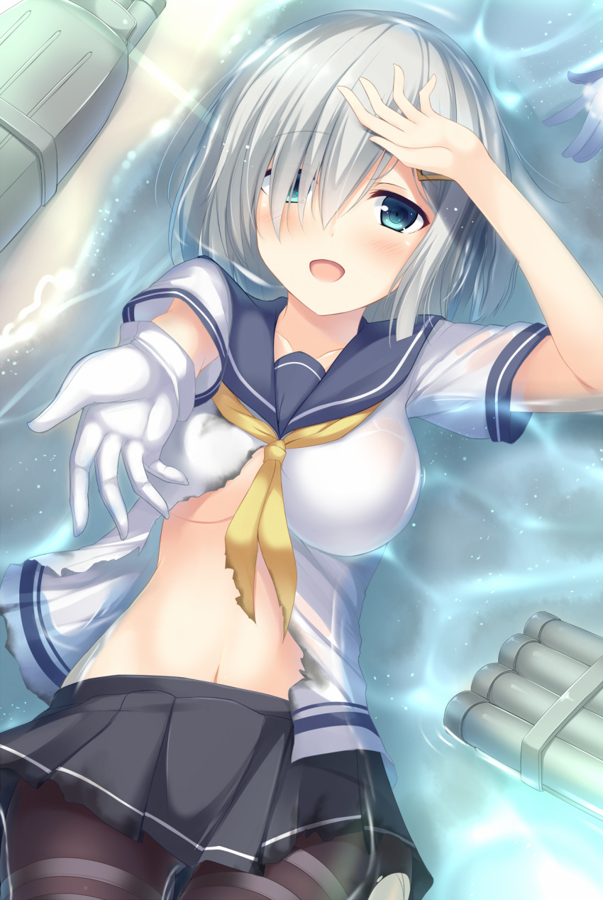 1girl :d black_legwear black_skirt blue_eyes blush breasts day eyebrows_visible_through_hair from_above gloves hair_ornament hair_over_one_eye hairclip hamakaze_(kantai_collection) highres kantai_collection lying medium_breasts midriff miniskirt navel neckerchief on_back open_mouth outdoors pantyhose pleated_skirt shirt short_hair short_sleeves silver_hair skirt smile solo stomach tomoo_(tomo) torn_clothes torn_neckerchief torn_shirt torn_skirt under_boob white_gloves white_shirt yellow_neckwear