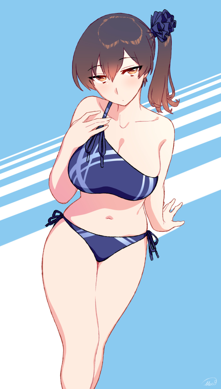 1girl bare_shoulders bikini blew_andwhite blue_bikini blue_scrunchie breasts brown_eyes brown_hair cleavage collarbone cropped_legs hair_ornament hair_scrunchie hand_on_own_chest highres kaga_(kantai_collection) kantai_collection large_breasts looking_at_viewer midriff navel scrunchie side_ponytail simple_background solo swimsuit