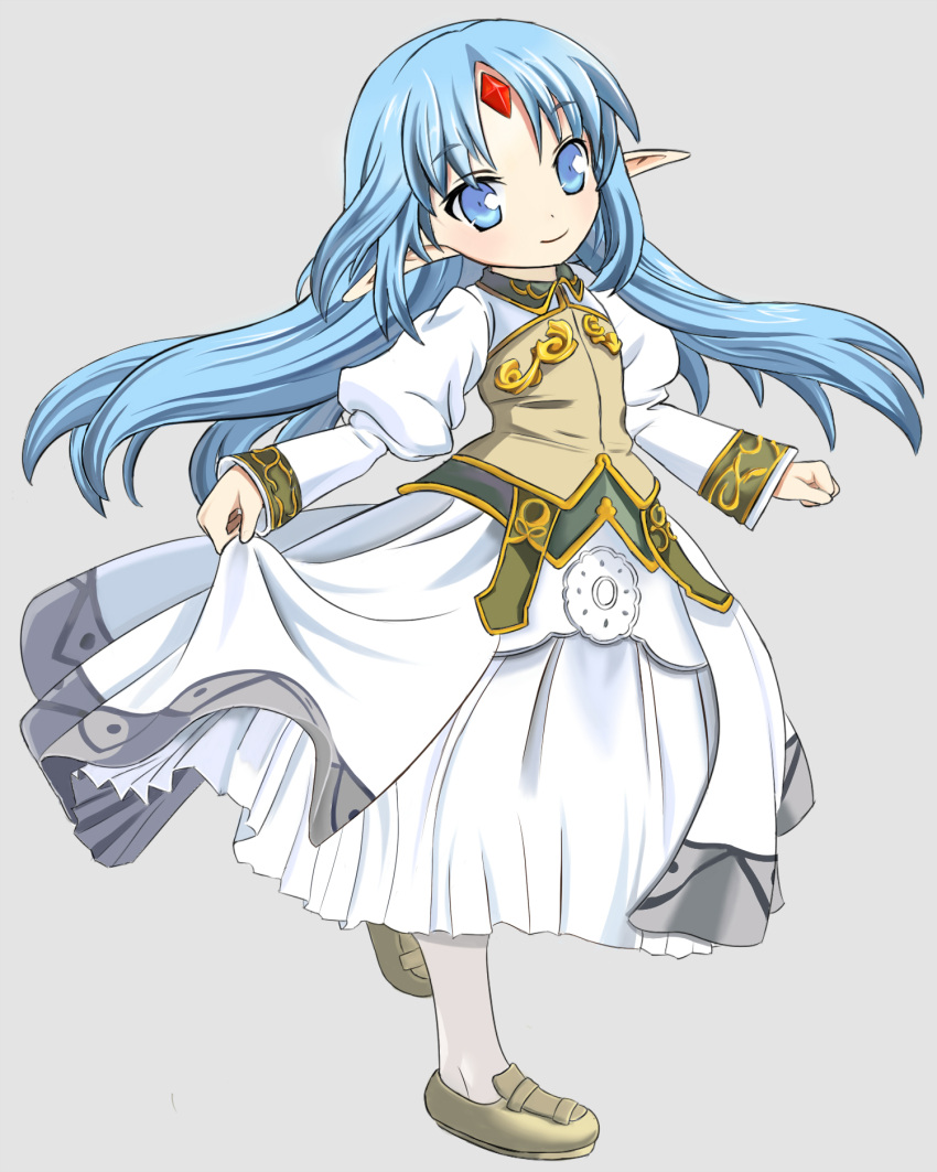 1girl blue_eyes blue_hair dress dress_lift forehead_jewel full_body grey_background highres lifted_by_self long_hair pantyhose pointy_ears rance rance_(series) rance_quest reset_kalar shoes simple_background smile solo standing standing_on_one_leg white_dress white_legwear xiniu_r&amp;f_(lande_hua_hua)
