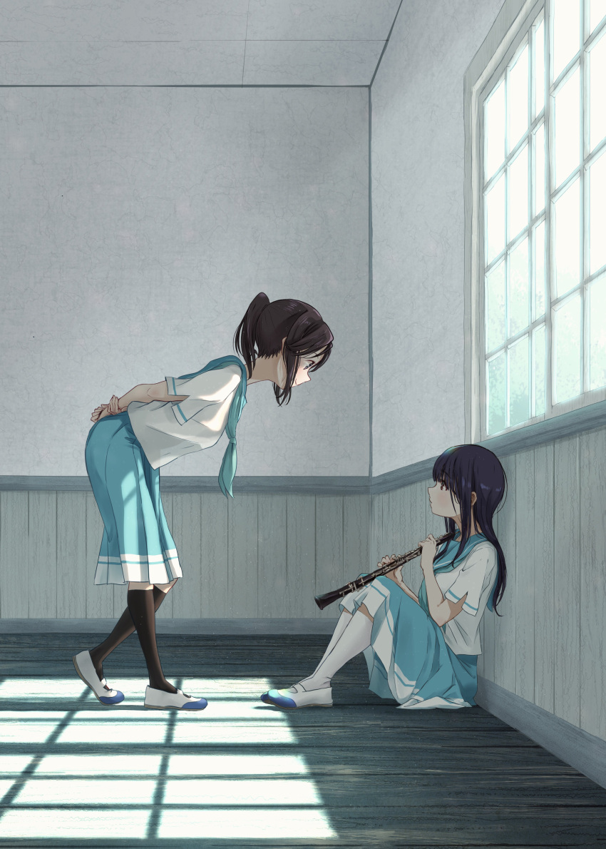 2girls absurdres against_wall arms_behind_back black_hair black_legwear blush hasisisissy highres instrument_request kneehighs leaning_forward loafers long_hair multiple_girls original red_eyes school_uniform serafuku shoes skirt wainscoting white_legwear window wrist_grab