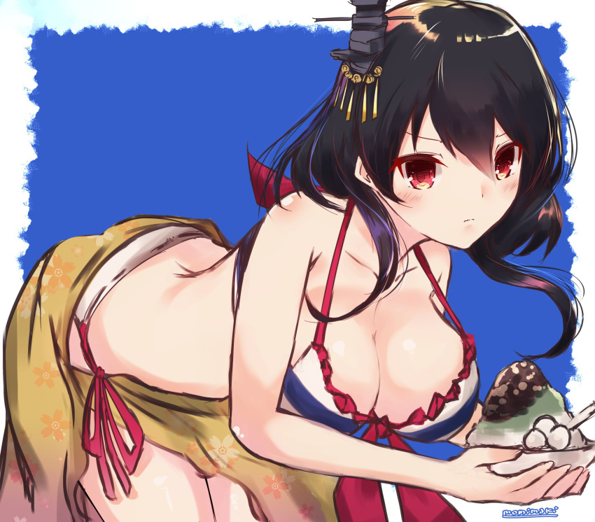 1girl alternate_costume bare_shoulders bikini black_hair breasts cleavage collarbone food hair_ornament highres holding holding_food kantai_collection large_breasts looking_at_viewer momiji_(103) red_eyes shaved_ice short_hair simple_background solo swimsuit yamashiro_(kantai_collection)