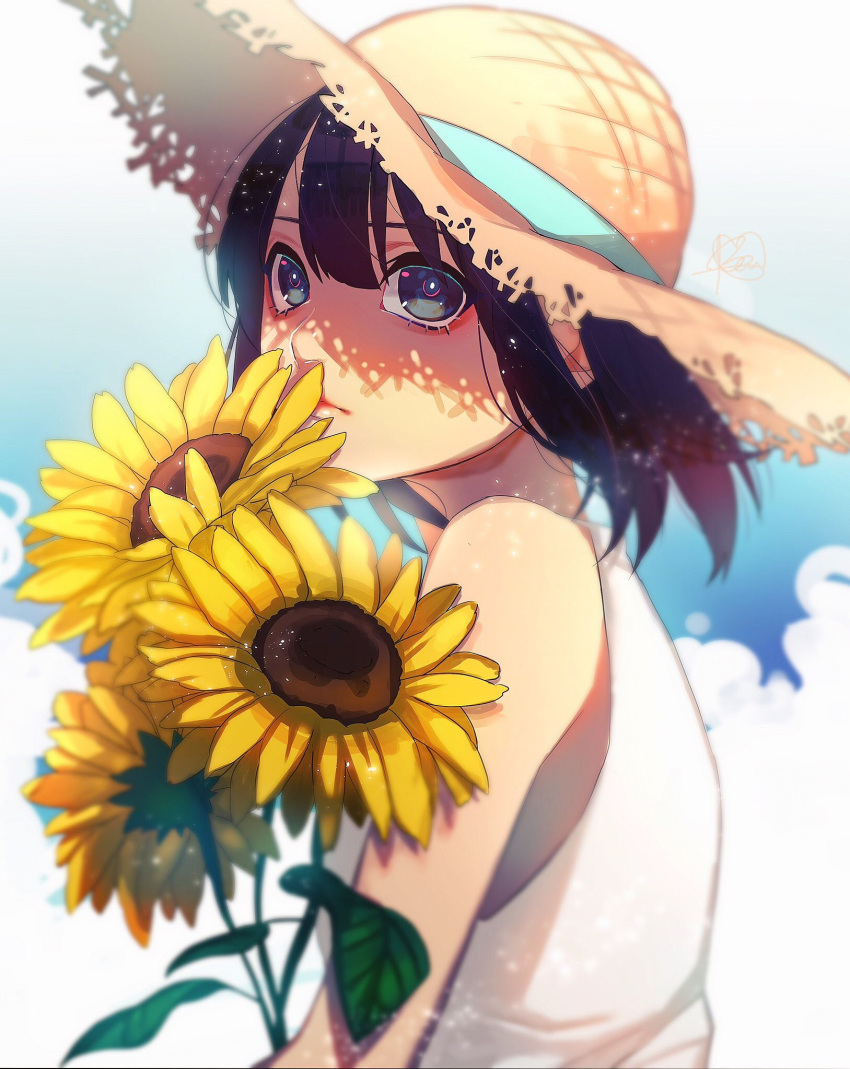 1girl bangs beni_(bn12x20) black_hair blue_background blue_eyes blue_ribbon closed_curtains commentary dress flower gradient gradient_background hair_between_eyes hat hat_ribbon highres lips original ribbon signature solo straw_hat sunflower white_background white_dress yellow_flower