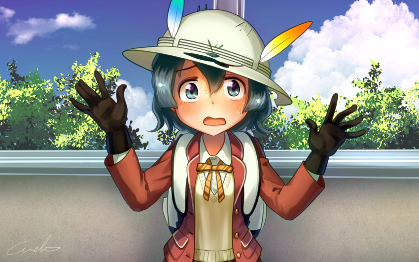 1girl adapted_costume backpack bag black_gloves blue_eyes blue_hair blue_sky blush clouds commentary_request day embarrassed eyebrows_visible_through_hair eyebrows_visible_through_hat gloves hair_between_eyes hands_up hat hat_feather kaban_(kemono_friends) kemono_friends open_mouth short_hair signature sky solo sweat wavy_mouth welt_(kinsei_koutenkyoku) white_hat