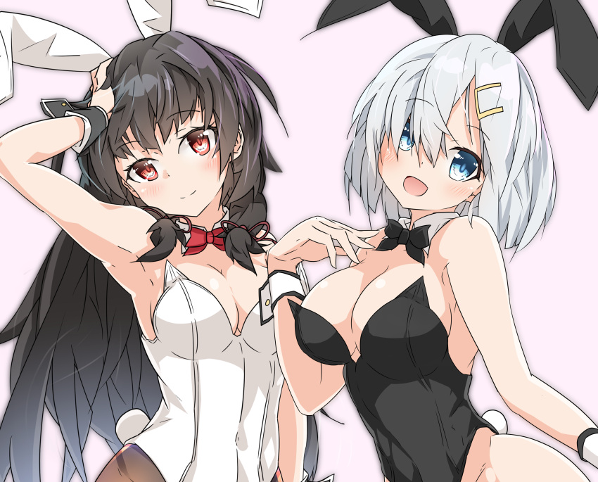 2girls :d absurdres alternate_costume animal_ears armpits ass_visible_through_thighs black_hair blue_eyes blush bow bowtie breasts bunny_tail bunnysuit commentary_request covered_navel detached_collar fake_animal_ears hair_ornament hair_over_one_eye hair_ribbon hairclip hamakaze_(kantai_collection) hand_on_own_chest hand_on_own_head harukawa_(hal501) highres isokaze_(kantai_collection) kantai_collection large_breasts long_hair looking_at_viewer medium_breasts multiple_girls open_mouth pantyhose rabbit_ears red_eyes ribbon short_hair silver_hair simple_background smile tail tress_ribbon upper_body white_background wrist_cuffs