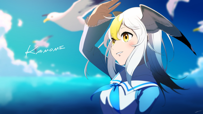 1girl ahoge arm_up bird blonde_hair blue_hair blue_sky blurry character_name clouds common_gull_(kemono_friends) day depth_of_field frilled_sleeves frills gradient_hair head_wings highres kemono_friends long_hair long_sleeves multicolored_hair outdoors sailor_collar seagull sky solo stylecase upper_body white_hair yellow_eyes