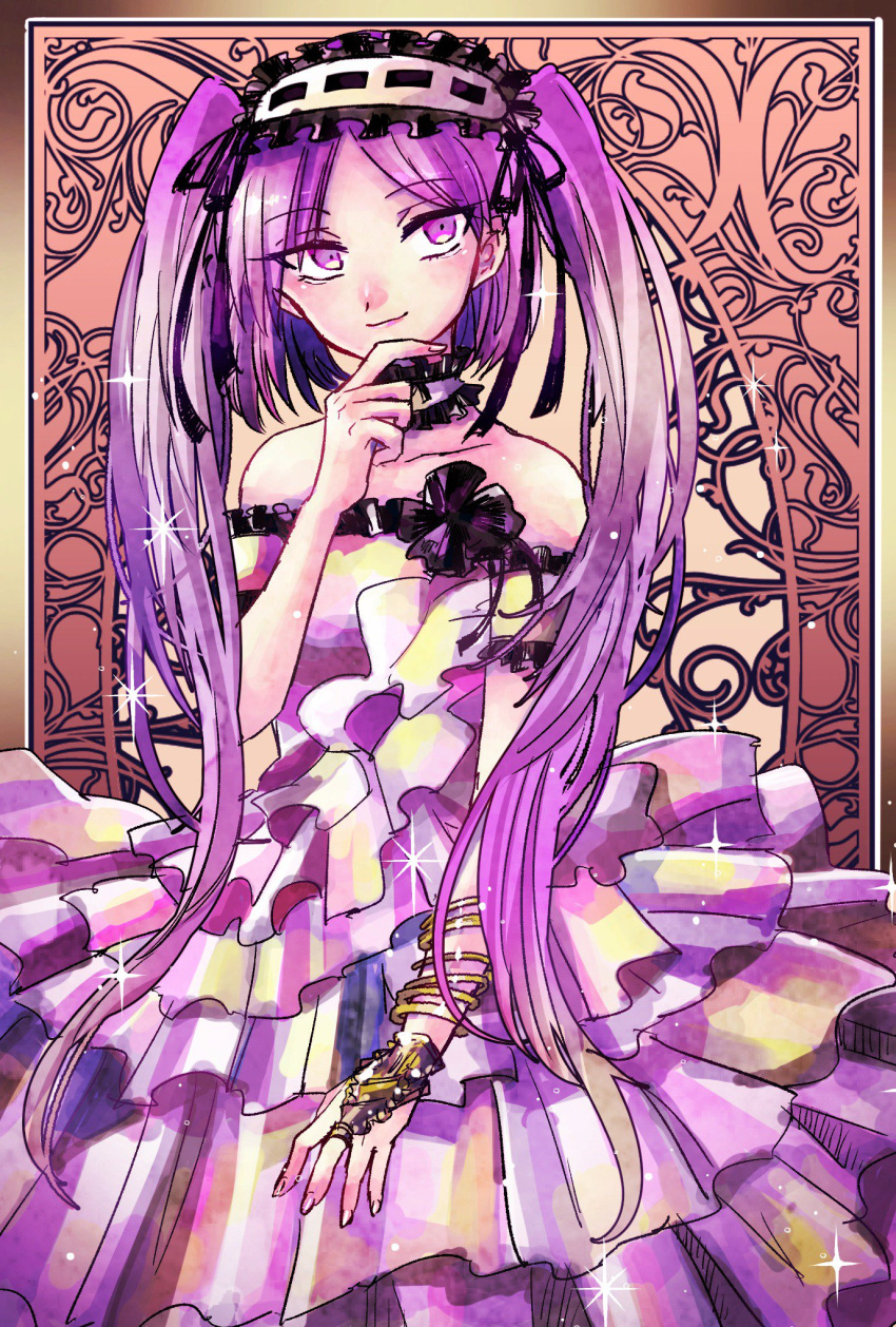 1girl black_ribbon bracelet choker commentary_request dress fate/hollow_ataraxia fate_(series) frills hairband hand_on_own_chin highres jewelry lolita_hairband long_hair looking_at_viewer purple_hair ribbon sahuran_rtd sleeveless sleeveless_dress smile solo stheno twintails very_long_hair violet_eyes white_dress
