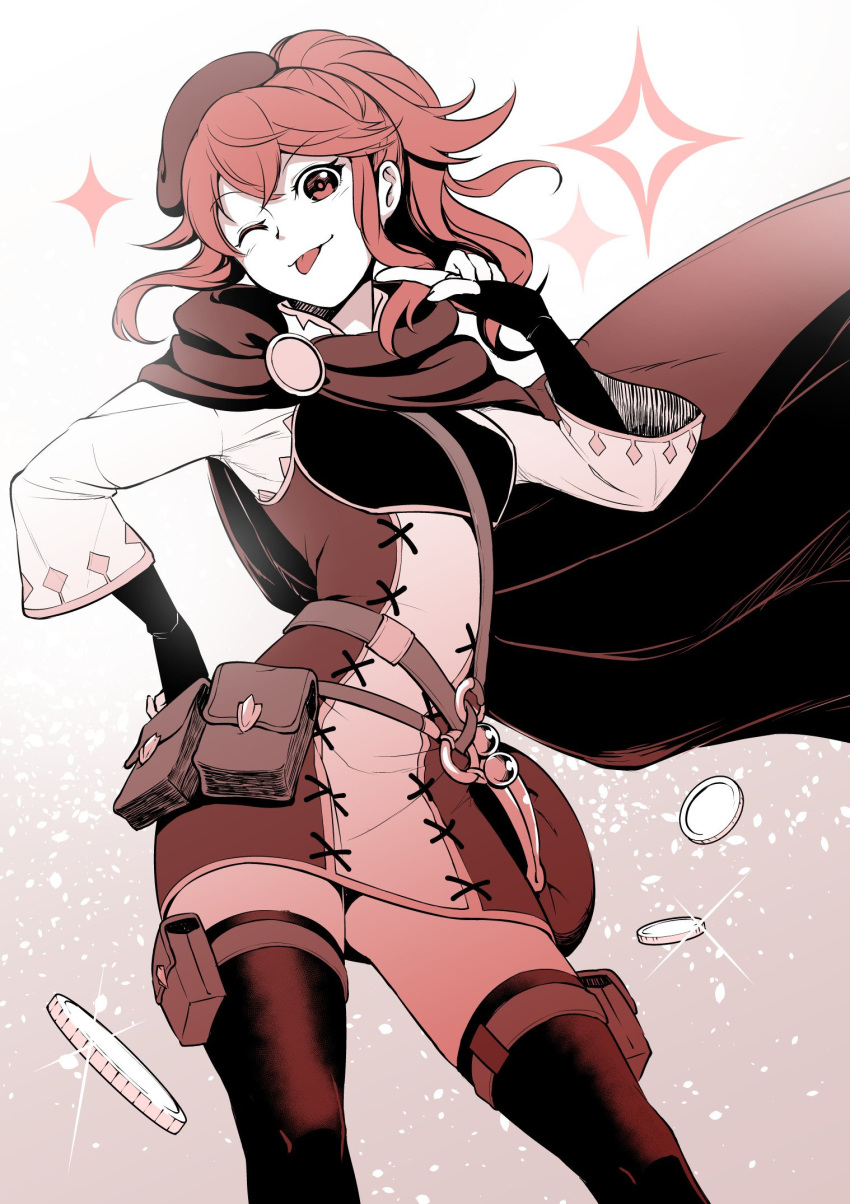 1girl anna_(fire_emblem) blush cape fire_emblem fire_emblem_musou gloves hat highres long_hair looking_at_viewer monochrome nakabayashi_zun one_eye_closed ponytail simple_background smile solo