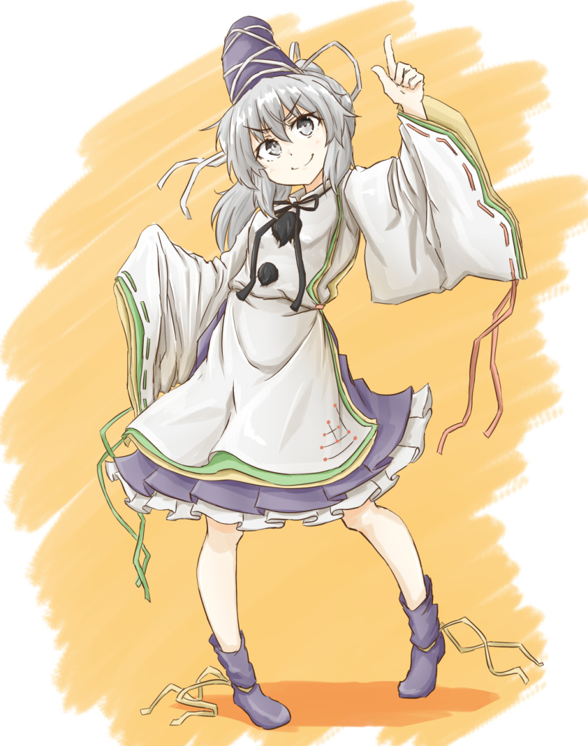 &gt;:) 1girl blue_footwear blue_hat blue_skirt eyebrows_visible_through_hair frilled_skirt frills full_body grey_eyes grey_hair hat highres japanese_clothes kariginu layered_clothing layered_sleeves long_hair mononobe_no_futo pigeon-toed pointing pointing_up pom_pom_(clothes) ponytail ribbon-trimmed_sleeves ribbon_trim simple_background skirt sleeves_past_wrists smile solo tarumaru tate_eboshi touhou wide_sleeves
