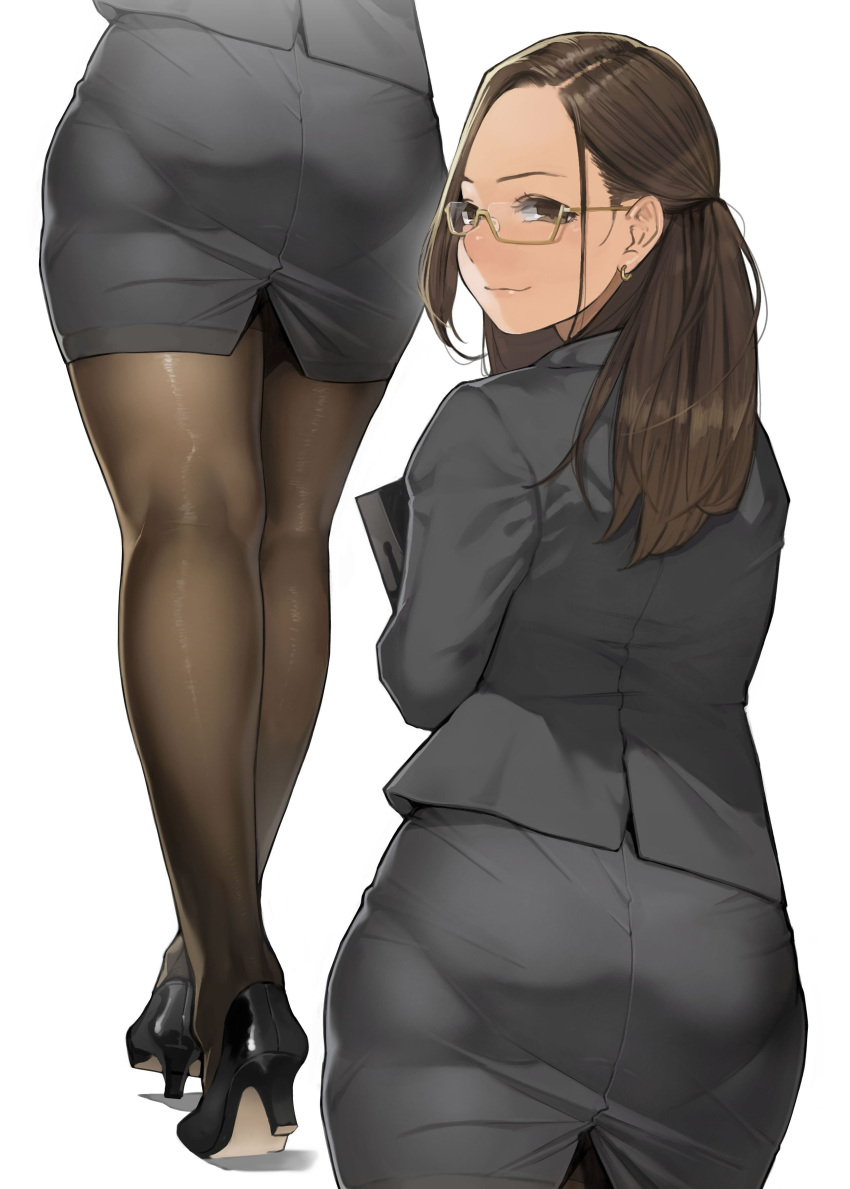 1girl absurdres ass brown_eyes brown_hair business_suit earrings forehead formal glasses high_heels highres hips jewelry legs long_hair looking_at_viewer looking_back original pantyhose semi-rimless_eyewear simple_background skirt skirt_suit smile solo suit thighs tied_hair white_background yomu_(sgt_epper)