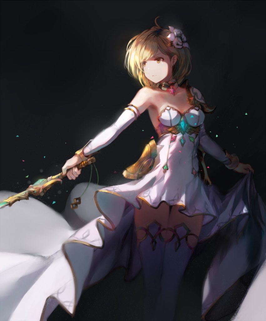 1girl blonde_hair brown_eyes cosplay detached_collar detached_sleeves djeeta_(granblue_fantasy) dress earrings flower granblue_fantasy hair_flower hair_ornament highres jewelry knights_of_glory looking_to_the_side natsumoka solo standing stud_earrings sword the_glory the_glory_(cosplay) thigh-highs weapon white_dress