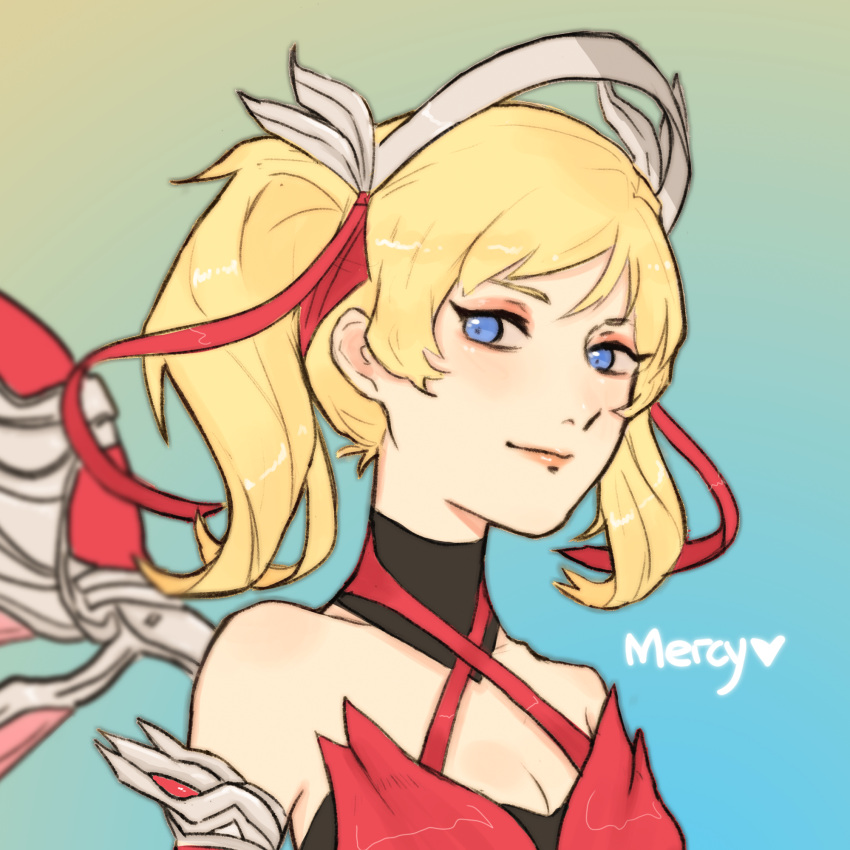 1girl alternate_color alternate_costume alternate_hairstyle bare_shoulders blonde_hair blue_background blue_eyes breasts brown_background character_name cleavage criss-cross_halter dress eyeshadow godzillaguai gradient gradient_background hair_ribbon halterneck heart highres light_smile looking_at_viewer makeup mechanical_halo mechanical_wings mercy_(overwatch) overwatch pink_mercy portrait red_dress red_ribbon ribbon side_glance solo twintails wings