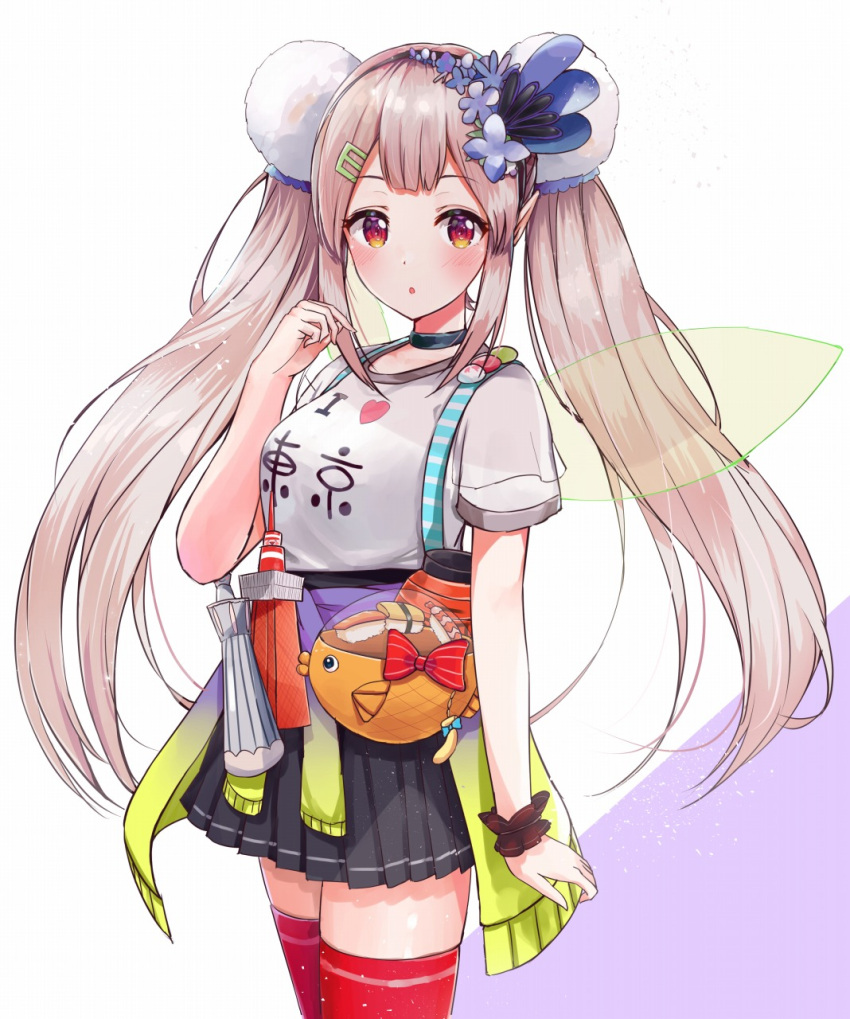 1girl :o alternate_hairstyle arm_at_side bangs black_choker black_hairband black_skirt blue_footwear blush breasts choker elu_(nijisanji) eyebrows_visible_through_hair flower food green_wings hair_flower hair_ornament hairband hairclip hand_up highres i_heart... lantern light_brown_hair long_hair looking_at_viewer medium_breasts nijisanji paper_lantern parted_lips pleated_skirt racchi. red_eyes red_legwear shirt short_sleeves single_wrist_cuff skirt solo sushi thigh-highs tokyo_tower twintails very_long_hair virtual_youtuber white_shirt wings wrist_cuffs