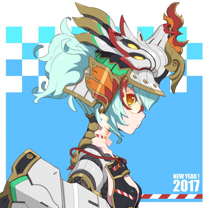 1girl 2017 android armor blue_hair english from_side glasses headgear highres mecha portrait tonami_kanji yellow_eyes