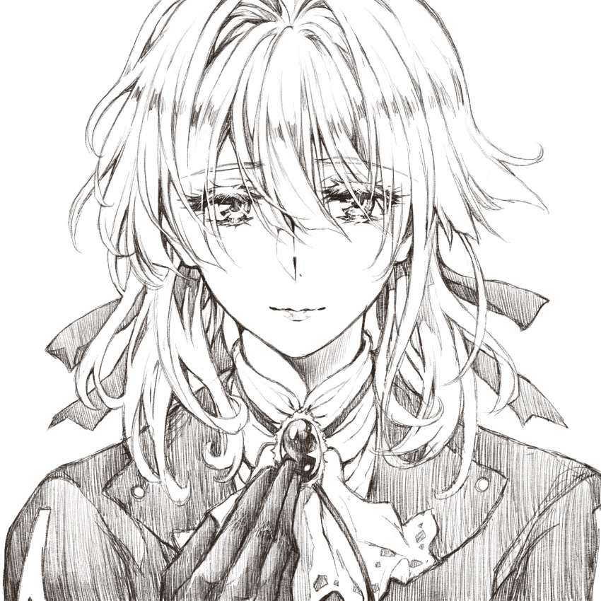 1girl blonde_hair blue_jacket braid brooch close-up eyebrows_visible_through_hair face gloves greyscale hair_between_eyes hair_intakes hair_ribbon hand_on_own_chest highres jacket jewelry jin_(phoenixpear) monochrome neckerchief ribbon sketch traditional_media violet_evergarden violet_evergarden_(character) white_neckwear