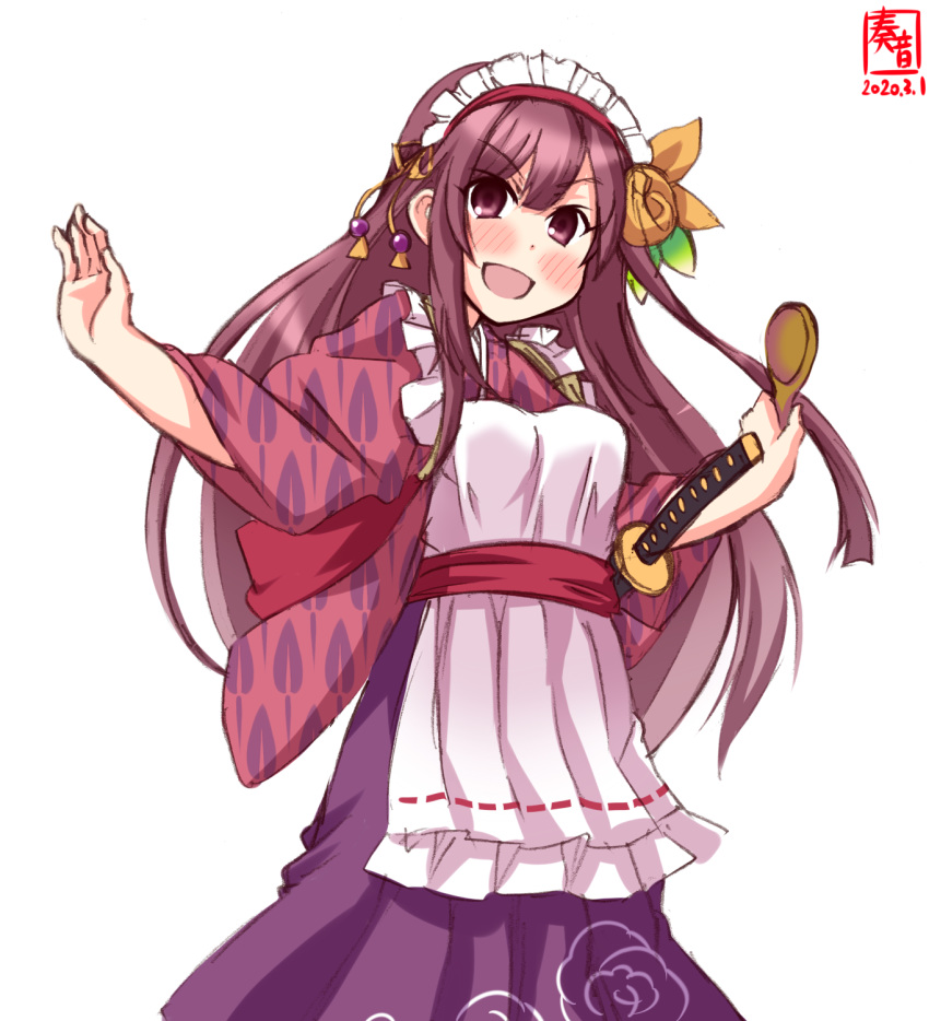 1girl apron artist_logo azuki_(flower_knight_girl) azuki_(flower_knight_girl)_(cosplay) commentary_request cosplay dated flower frilled_apron frills gradient_hair hair_flower hair_ornament hakama highres japanese_clothes kamikaze_(kantai_collection) kanon_(kurogane_knights) kantai_collection katana kimono leaf_print long_hair looking_at_viewer maid_headdress multicolored_hair print_kimono purple_hair purple_hakama simple_background smile solo spoon sword trait_connection violet_eyes weapon white_apron white_background wooden_spoon