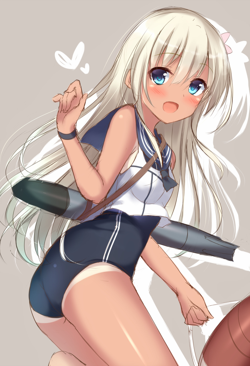 1girl bangs black_neckwear black_school_swimsuit blue_eyes blush cowboy_shot crop_top eyebrows_visible_through_hair floating_hair grey_background hair_between_eyes hair_ornament highres kantai_collection long_hair neckerchief one_leg_raised open_mouth ro-500_(kantai_collection) school_swimsuit shirt silver_hair simple_background sketch sleeveless sleeveless_shirt solo standing standing_on_one_leg swimsuit tan tanline tomoo_(tomo) torpedo very_long_hair white_shirt