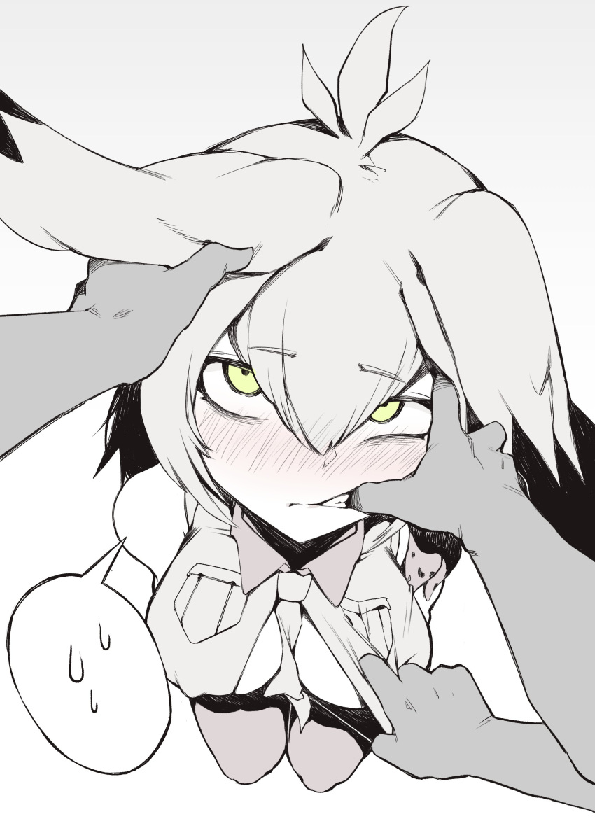 1girl absurdres between_breasts blush breasts clenched_teeth commentary_request eyebrows_visible_through_hair full_body green_eyes greyscale hair_between_eyes hair_flaps hand_in_mouth head_grab highres karasu_raven kemono_friends kneeling looking_at_viewer looking_up medium_breasts monochrome necktie necktie_between_breasts open_clothes open_shirt shoebill_(kemono_friends) simple_background solo_focus spoken_sweatdrop spot_color sweatdrop teeth