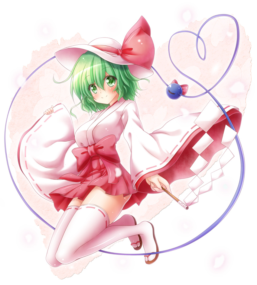 1girl alternate_costume blush commentary_request eyes_visible_through_hair full_body gohei green_eyes hair_between_eyes hat heart heart_of_string highres japanese_clothes komeiji_koishi long_sleeves looking_at_viewer nontraditional_miko osashin_(osada) pink_skirt pleated_skirt ribbon-trimmed_sleeves ribbon_trim sandals short_hair skirt sleeves_past_wrists smile solo thigh-highs third_eye touhou white_legwear wide_sleeves