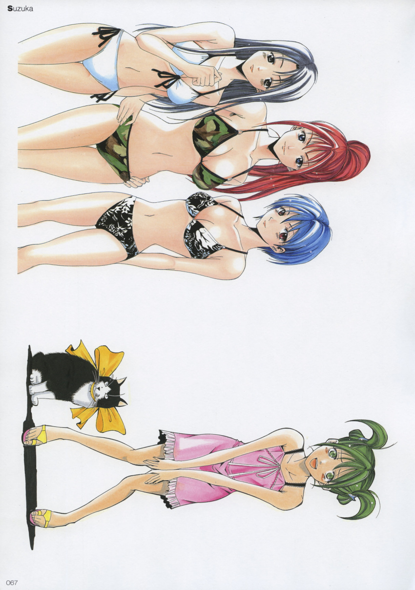 4girls :d absurdres bangs bikini black_bikini blue_hair bow breasts brown_eyes camouflage camouflage_bikini cat character_name cleavage collarbone copyright_name dress frilled_dress frills front-tie_bikini front-tie_top green_eyes green_hair grey_background grey_hat hands_on_hips hands_on_lap high_ponytail highres long_hair looking_at_viewer medium_breasts multiple_girls navel neck_ribbon open_mouth page_number pink_dress redhead ribbon scan seo_kouji short_dress short_hair side-tie_bikini sideboob simple_background sleeveless smile standing sundress suzuka swimsuit two_side_up very_long_hair white_bikini white_ribbon yellow_bow