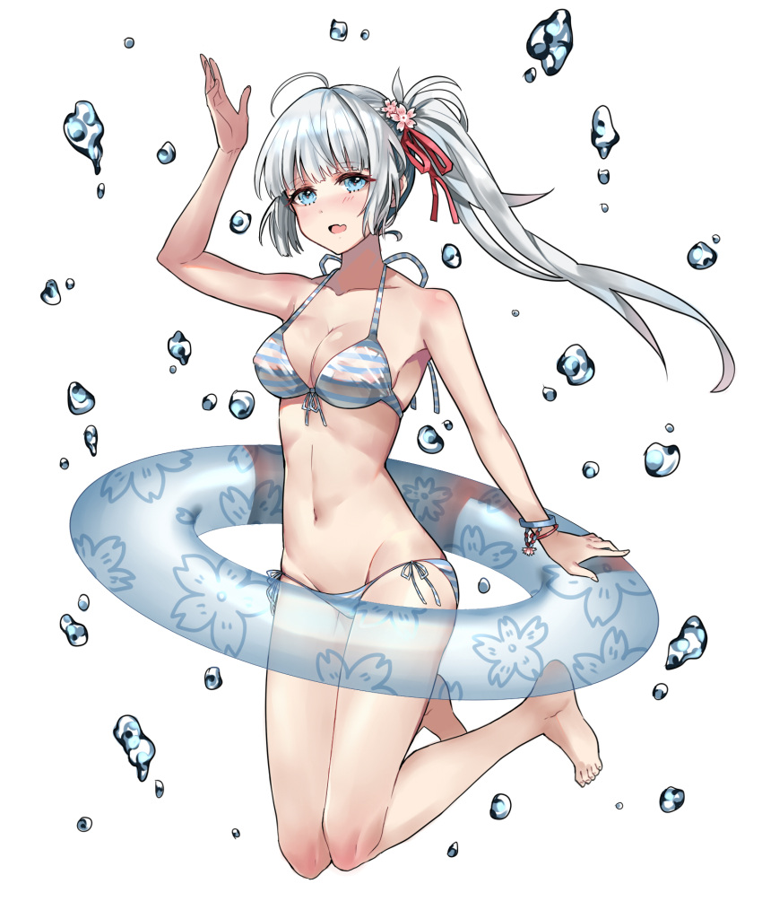 1girl air_bubble barefoot bikini blue_eyes bubble chongzi full_body highres innertube looking_at_viewer lowleg lowleg_bikini original salute side-tie_bikini side_ponytail silver_hair simple_background solo striped striped_bikini swimsuit white_background white_bikini