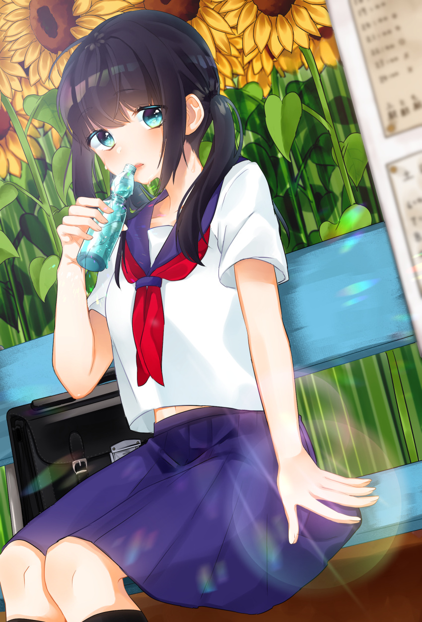 1girl absurdres aqua_eyes bench black_hair blue_skirt blush day etto_eat eyebrows_visible_through_hair flower highres kneehighs looking_at_viewer medium_hair navel neckerchief original outdoors parted_lips ramune red_neckwear school_uniform serafuku sitting skirt solo sunflower twintails