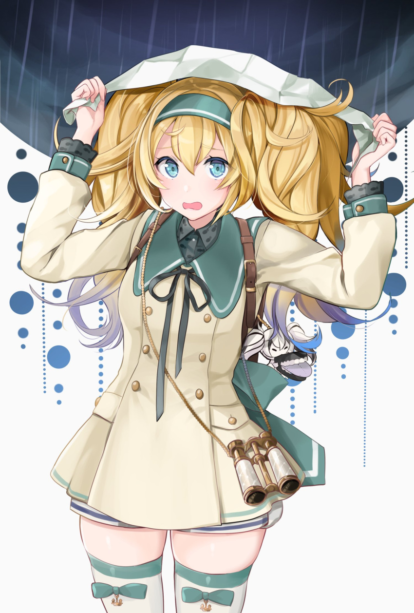 1girl backpack bag binoculars blonde_hair blue_eyes blue_hairband cowboy_shot dress gambier_bay_(kantai_collection) hair_between_eyes hairband highres holding_map kantai_collection looking_at_viewer lost_child map_(object) open_mouth rain sailor_dress solo thigh-highs twintails yunamaro