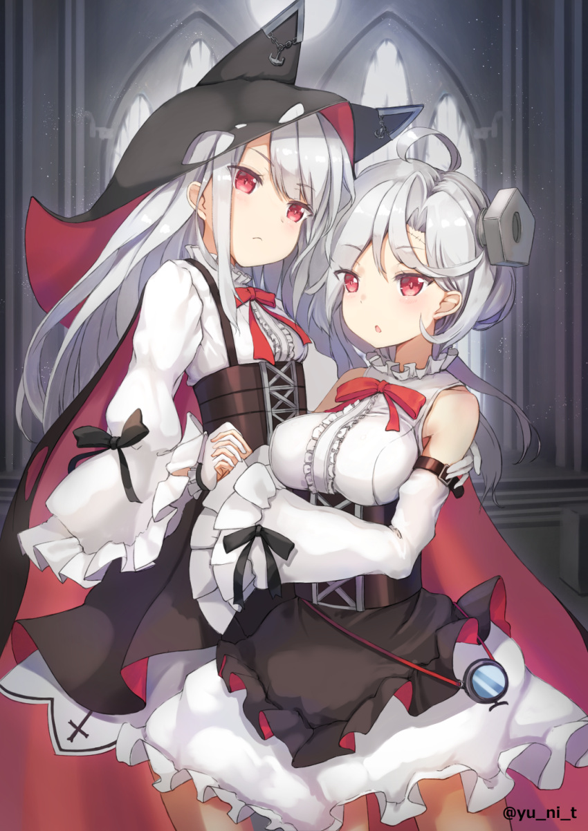 2girls ahoge azur_lane bangs bare_shoulders black_skirt blush breasts commentary_request detached_sleeves erebus_(azur_lane) eyebrows_visible_through_hair frills gloves hair_over_one_eye hat highres holding hood large_breasts long_hair looking_at_viewer multiple_girls red_eyes shirt short_hair silver_hair skirt sleeves_past_wrists stitches terror_(azur_lane) thigh-highs white_gloves white_shirt yu_ni_t