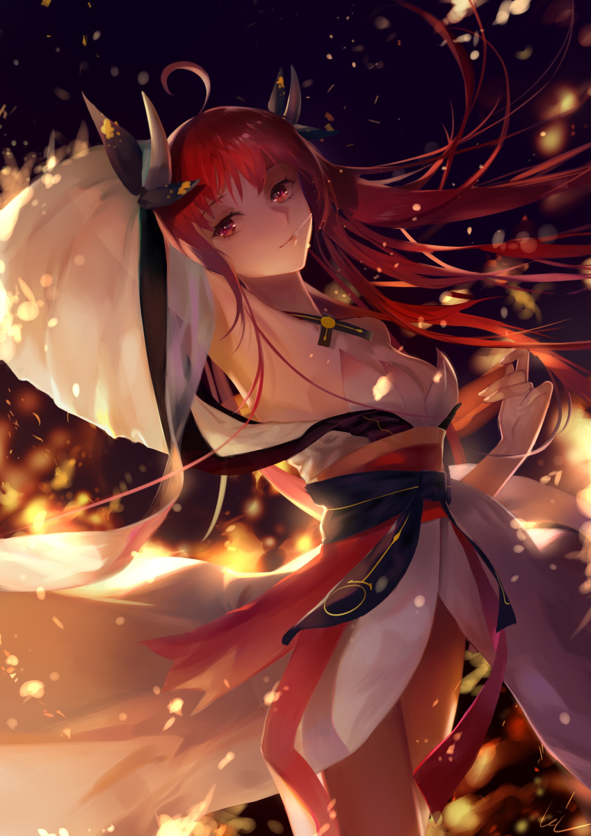 1girl absurdres armpits bare_shoulders black_ribbon breasts candy cowboy_shot date_a_live detached_sleeves fire food food_in_mouth from_side hair_ribbon hand_behind_head highres horns itsuka_kotori japanese_clothes kimono leiq lollipop long_hair looking_at_viewer obi red_eyes redhead ribbon sash small_breasts smile solo wide_sleeves