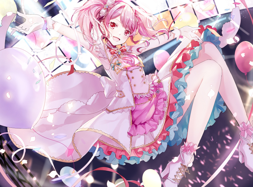 1girl :d absurdres amatsukiryoyu armpits bang_dream! bangs dress gloves hair_ornament high_heels highres layered_skirt long_hair looking_at_viewer maruyama_aya open_mouth outstretched_arms pink_hair red_eyes sleeveless sleeveless_dress smile solo twintails white_footwear white_gloves