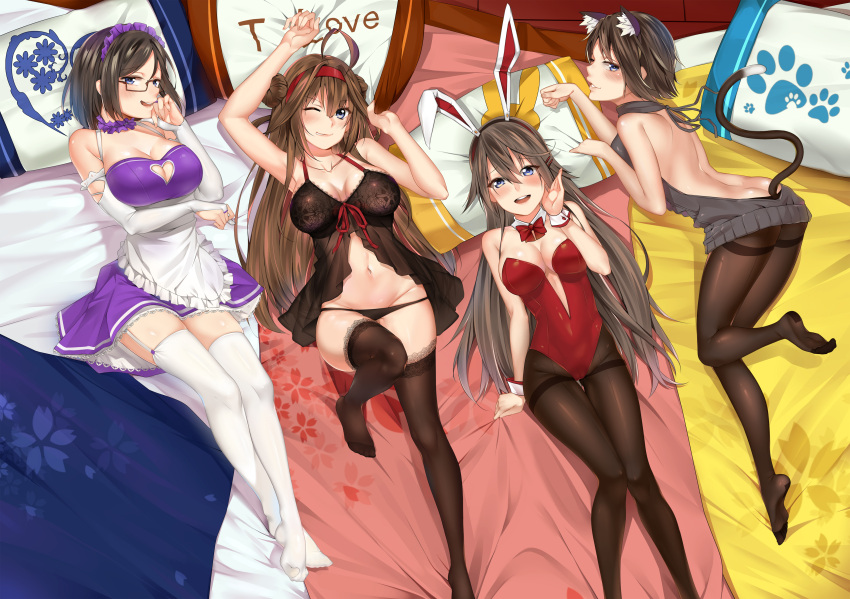 4girls absurdres ahoge alternate_costume animal_ears apron ass b3b babydoll backless_outfit black_hair black_legwear black_panties blue_eyes blush breasts bridal_gauntlets brown_hair bunnysuit cat_ears cat_tail cleavage cleavage_cutout detached_collar double_bun dress elbow_gloves enmaided garter_straps glasses gloves grey_eyes hair_ornament hairband hairclip haruna_(kantai_collection) heart_cutout hiei_(kantai_collection) highres kantai_collection kirishima_(kantai_collection) kongou_(kantai_collection) lace lace-trimmed_thighhighs large_breasts leotard lingerie long_hair lying maid maid_apron maid_headdress medium_breasts meme_attire multiple_girls navel on_back one_eye_closed open-back_dress panties pantyhose paw_pose pillow rabbit_ears red_leotard short_hair smile strapless strapless_leotard sweater tail take_your_pick thigh-highs thighband_pantyhose turtleneck turtleneck_sweater underwear virgin_killer_sweater waist_apron white_gloves white_legwear wrist_cuffs