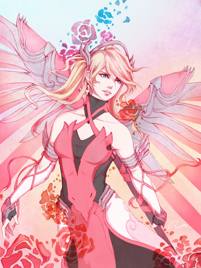 1girl absurdres alternate_costume alternate_hairstyle bare_shoulders blonde_hair blue_eyes breasts criss-cross_halter dress elbow_gloves fingerless_gloves gloves hair_ribbon halterneck highres holding holding_staff lips looking_to_the_side mechanical_halo mechanical_wings medium_breasts mercy_(overwatch) onyrica overwatch parted_lips pink_dress pink_mercy pink_ribbon ribbon solo staff twintails wings