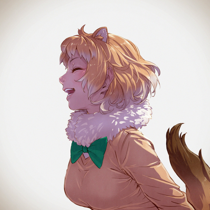 1girl :d ^_^ animal_ears black-tailed_prairie_dog_(kemono_friends) bow bowtie breasts closed_eyes extra_ears from_side fur_collar gradient_hair green_bow green_neckwear highres kemono_friends long_sleeves medium_breasts multicolored_hair nose open_mouth orange_hair prairie_dog_ears prairie_dog_tail profile short_hair smile solo tail tail_raised takami_masahiro teeth two-tone_hair upper_body white_hair