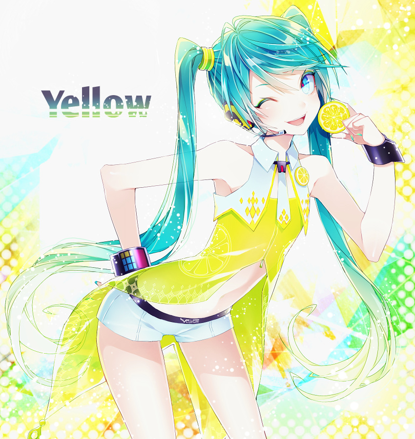 1055 1girl ;d bent_over blue_eyes blue_hair cowboy_shot floating_hair food fruit hair_ornament hand_on_hip hatsune_miku headphones headset highres holding holding_food lemon long_hair micro_shorts microphone midriff miniskirt necktie one_eye_closed open_mouth short_necktie short_shorts shorts skirt sleeveless smile solo stomach twintails very_long_hair vocaloid white_shorts wrist_cuffs