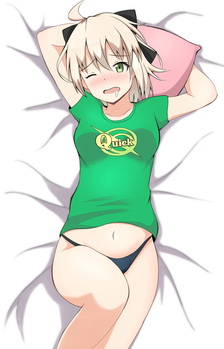1girl absurdres ahoge arms_up bangs bed_sheet black_bow black_panties blush bow breasts clothes_writing collarbone commentary_request drooling eyebrows_visible_through_hair fate/grand_order fate_(series) green_eyes green_shirt hair_between_eyes hair_bow head_tilt highres koha-ace light_brown_hair long_hair looking_at_viewer lying medium_breasts mitiru_ccc2 navel no_pants nose_blush okita_souji_(fate) on_back one_eye_closed panties pillow saliva shirt short_sleeves solo underwear waking_up