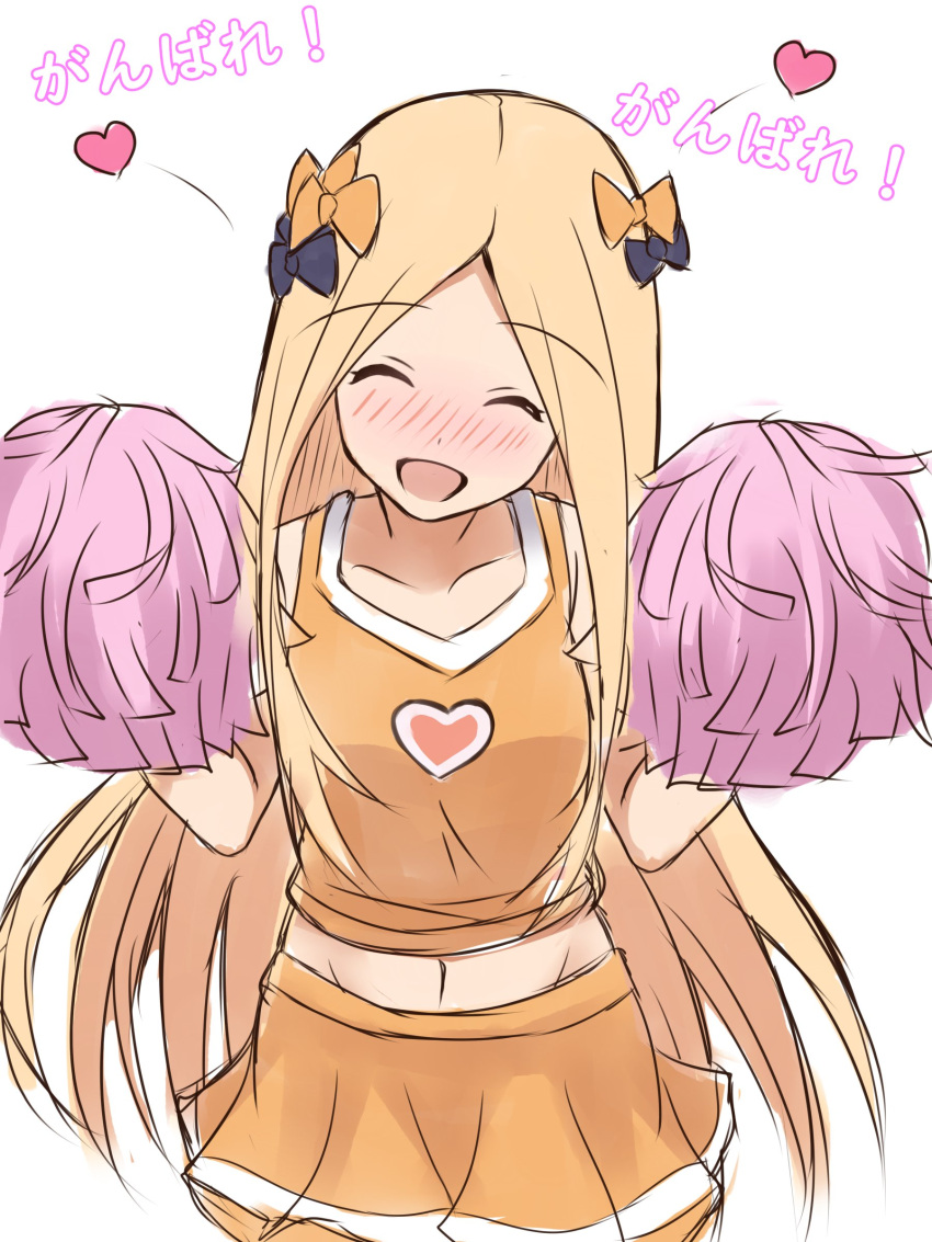 1girl :d ^_^ abigail_williams_(fate/grand_order) absurdres bangs black_bow blonde_hair blush bow closed_eyes collarbone commentary_request facing_viewer fate/grand_order fate_(series) hair_bow hands_up head_tilt heart highres holding long_hair mitiru_ccc2 nose_blush open_mouth orange_bow orange_shirt orange_skirt parted_bangs pleated_skirt pom_poms shirt simple_background sketch skirt sleeveless sleeveless_shirt smile solo translation_request very_long_hair white_background