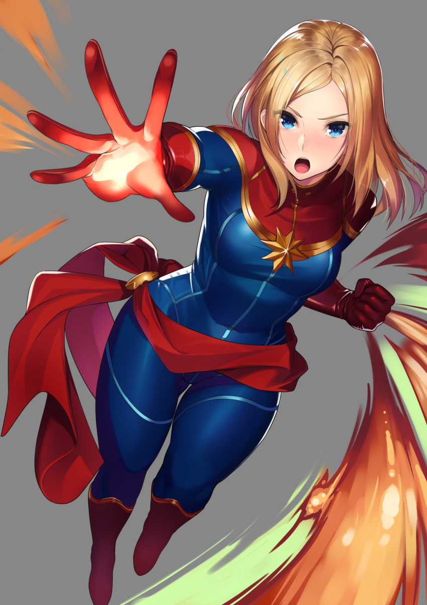 1girl blonde_hair blue_eyes bodysuit boots breasts captain_marvel clenched_hand gloves highres kagematsuri long_hair marvel open_mouth red_footwear red_gloves sash simple_background solo superhero