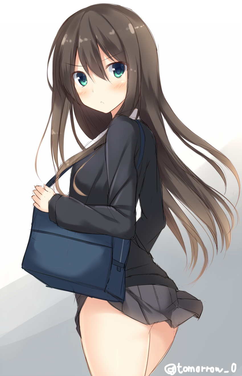 1girl bag black_blazer blush brown_hair cowboy_shot eyebrows_visible_through_hair floating_hair from_side green_eyes grey_skirt hair_between_eyes highres idolmaster idolmaster_cinderella_girls long_hair looking_back miniskirt pleated_skirt school_bag school_uniform shibuya_rin shirt signature sketch skirt solo tomoo_(tomo) uniform very_long_hair white_background white_shirt