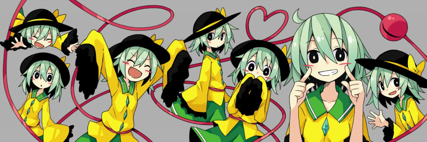 6+girls :d ^_^ ^o^ asameshi black_eyes black_hat closed_eyes collarbone frilled_sleeves frills green_hair green_skirt grey_background grin hair_between_eyes hat heart heart_of_string komeiji_koishi multiple_girls multiple_persona open_mouth parted_lips shirt short_hair simple_background skirt sleeves_past_wrists smile third_eye touhou wide_sleeves yellow_shirt