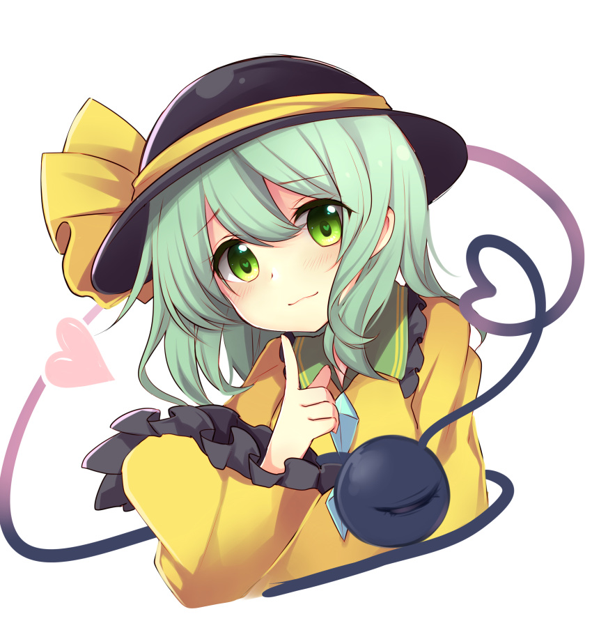 1girl absurdres black_hat blush bow commentary_request cropped_torso eyebrows_visible_through_hair finger_to_face frilled_shirt_collar frills green_eyes green_hair hair_between_eyes hat hat_bow head_tilt heart heart-shaped_pupils heart_of_string highres index_finger_raised komeiji_koishi long_sleeves looking_at_viewer ruhika short_hair simple_background smile solo symbol-shaped_pupils third_eye touhou upper_body white_background wide_sleeves yellow_bow