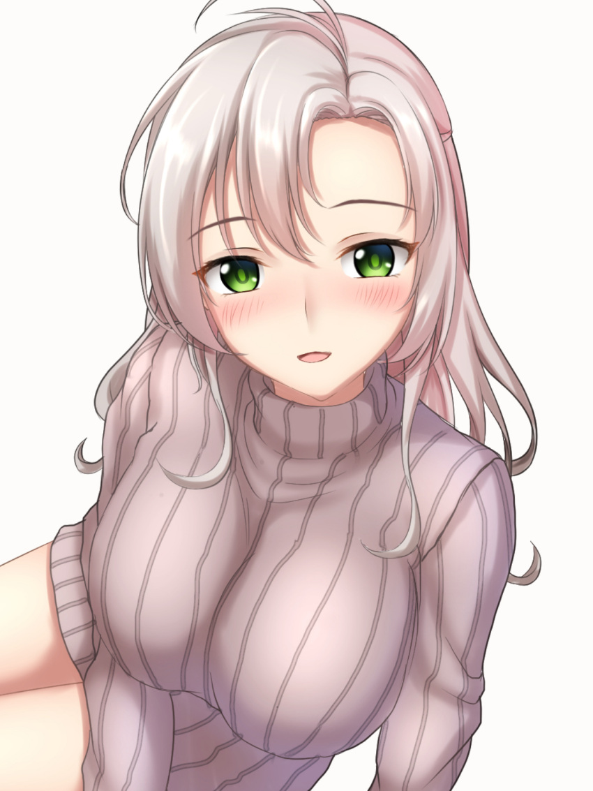 1girl ahoge alternate_costume asymmetrical_bangs bangs blush breasts casual eyebrows_visible_through_hair green_eyes highres kantai_collection kinugasa_(kantai_collection) large_breasts leaning_forward long_hair looking_at_viewer open_mouth pink_hair remodel_(kantai_collection) ribbed_sweater sidelocks sitting smile solo sweater tapisuke thighs