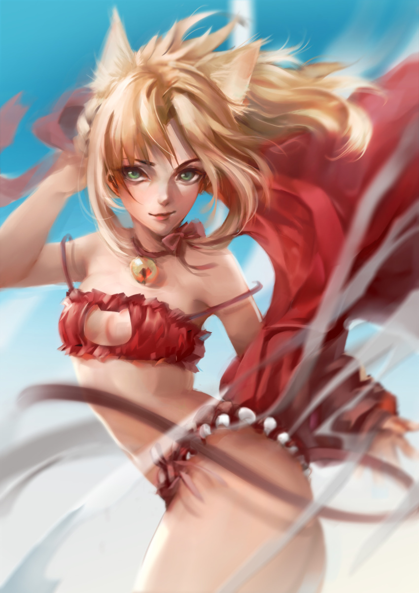 1girl absurdres animal_ears bell bell_choker bra breasts cat_cutout cat_ears cat_lingerie cat_tail choker cleavage collar fate/apocrypha fate/grand_order fate_(series) green_eyes highres looking_at_viewer meme_attire mordred_(fate) mordred_(fate)_(all) navel panties red_bra red_panties short_hair small_breasts smile solo tail underwear yosanann