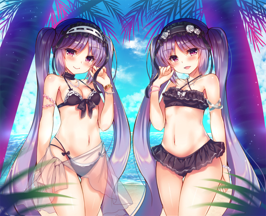 2girls ass_visible_through_thighs bangs beach bikini bikini_skirt black_bikini blurry breasts cleavage cowboy_shot depth_of_field dress euryale eyebrows_visible_through_hair fate/grand_order fate/hollow_ataraxia fate_(series) frilled_bikini frills hairband headdress jewelry lolita_hairband long_hair multiple_girls navel necklace open_mouth palm_tree pearl_necklace purple_hair sarong siblings sisters small_breasts smile stheno strapless strapless_dress suzune_rena swimsuit tree twins twintails violet_eyes