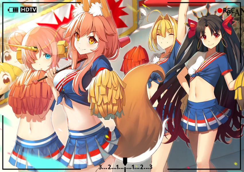 ahoge alternate_costume animal_ears armpits arms_up black_hair blonde_hair blue_eyes blush breasts cheerleader commentary_request crop_top crop_top_overhang crown double_bun earrings fate/apocrypha fate/extra fate/grand_order fate_(series) fox_ears fox_tail frankenstein's_monster_(fate) hair_intakes hair_ornament hair_over_one_eye hair_ribbon hairclip heavenly_boat_maanna hoop_earrings horn ishtar_(fate/grand_order) jewelry large_breasts long_hair looking_at_viewer medium_breasts mhong midriff miniskirt navel neck_ring nero_claudius_(fate) nero_claudius_(fate)_(all) open_mouth pink_hair pleated_skirt pom_poms red_eyes ribbon short_hair skirt smile tail tamamo_(fate)_(all) two_side_up yellow_eyes
