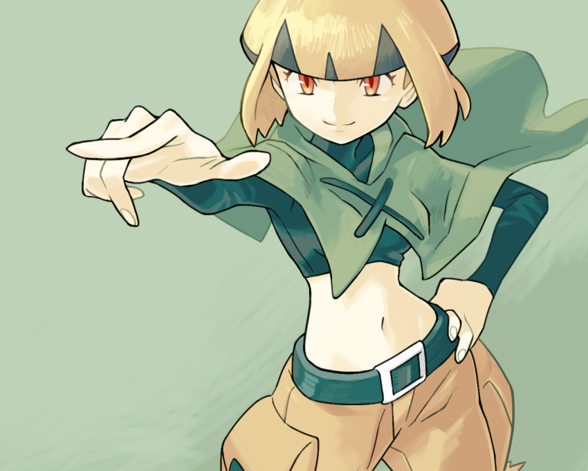 1girl bangs black_shirt blonde_hair blunt_bangs breasts brown_pants capelet closed_mouth crop_top donnpati eyelashes fingernails green_background green_capelet gym_leader hand_on_hip index_finger_raised legs_apart long_sleeves medium_breasts natane_(pokemon) navel orange_eyes pants pocket pokemon pokemon_(game) pokemon_dppt shirt short_hair smile solo standing stomach turtleneck