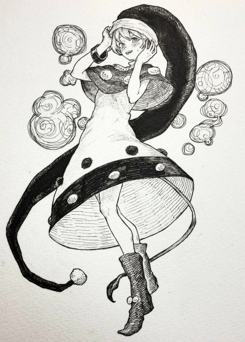 1girl absurdres arm_up bangs blush boots capelet commentary_request doremy_sweet dress eyebrows_visible_through_hair full_body hand_up hat highres looking_at_viewer mashimashi monochrome nightcap open_mouth pom_pom_(clothes) short_hair solo standing tail tapir_tail touhou traditional_media